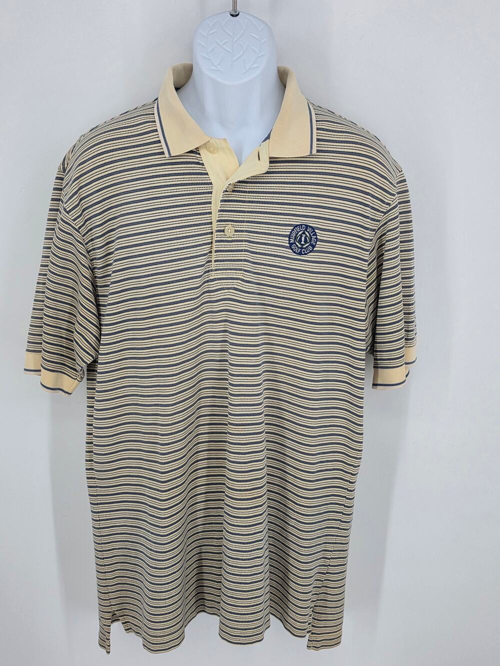 Nicklaus Shirt Large L Cream Blue Striped Muirfield Village Golf Club Polo
